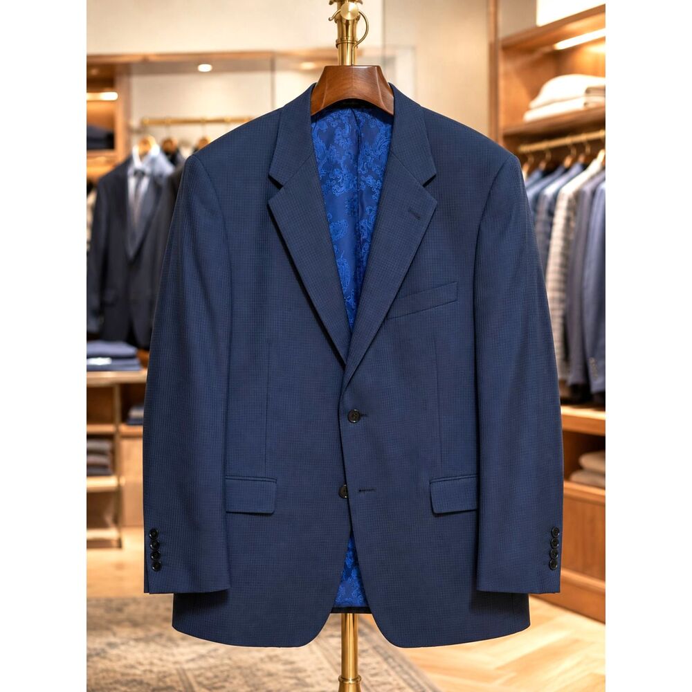 Turnbury 44R Navy Micro Check 100% Wool Sport Coat Blazer Old Money Preppy
